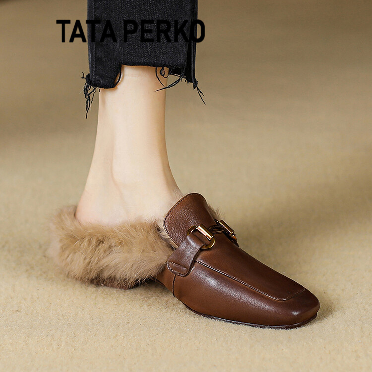 TATA PERKO联名女款秋冬外穿加绒穆勒鞋2024年新款平跟半拖毛毛鞋