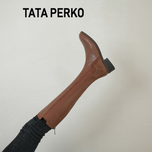 PERKO联名棕色不过膝长靴女小个子瘦腿高筒骑士靴冬加绒 TATA