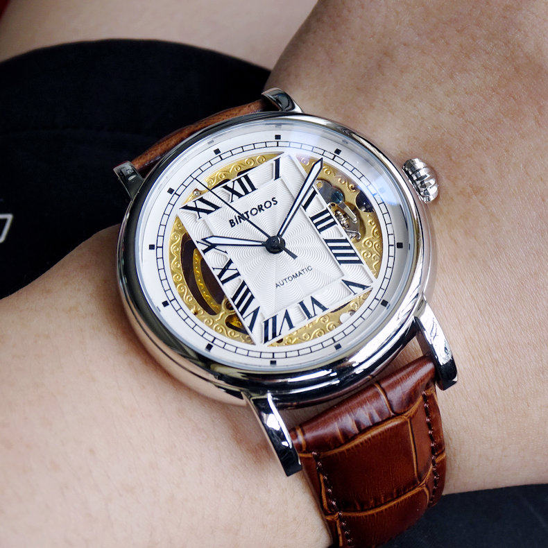 宾特劳斯方形2023新款网红机械真皮手表镂空陀飞轮防水夜光潮男表