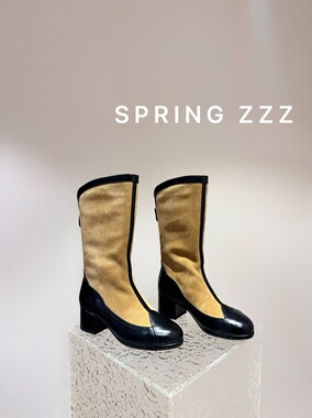 【Spring zzz】老钱风！25ss秋冬新款 小香风麂皮拼油蜡粗跟马靴