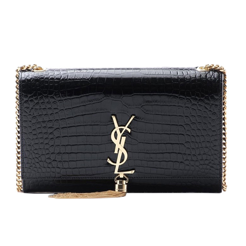 YSL 圣罗兰 MONOGRAM系列女士黑色牛皮logo流苏链条单肩斜挎包