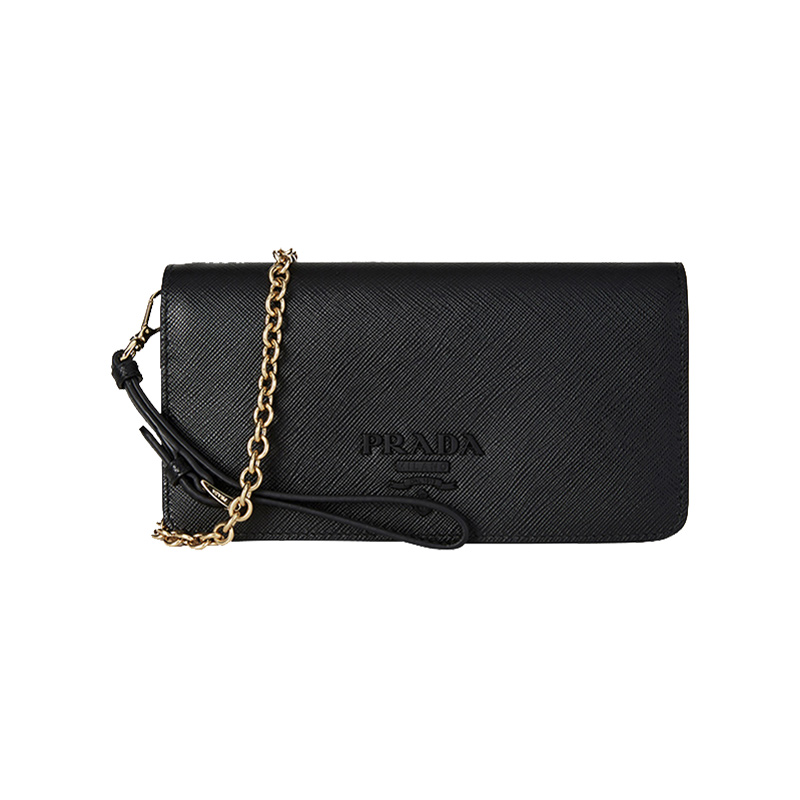 prada 普拉达 女士黑色链条牛皮logo饰百搭手提单肩斜