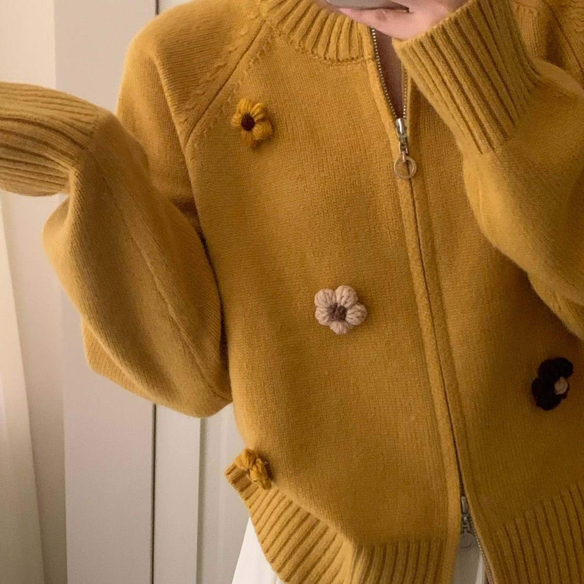 可爱休闲立体花朵拉链保暖毛衣（含100绵羊毛）65069