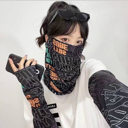 防晒冰袖遮阳手臂防护男士防紫外线手臂一体脖子面纱冰丝骑行冰袖