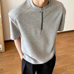 300g太空棉重磅短袖男款秋季美式半拉链正肩t恤拼接大码T恤男女