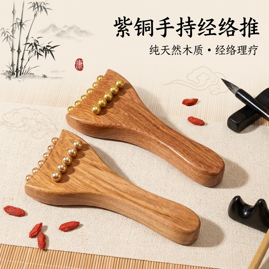 手持经络推紫铜木质便携按摩器