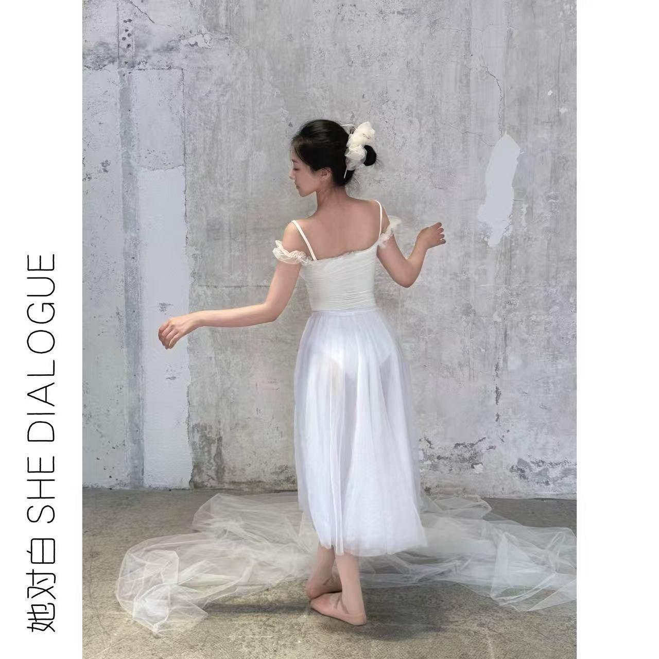 她对白SHE DIALOGUE芭蕾舞蹈裙女长裙弹力网纱裙半身长裙黑白纱裙