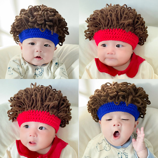 婴儿帽子秋冬季男宝宝毛线假发帽卷发男孩儿童可爱搞笑男童爆炸头