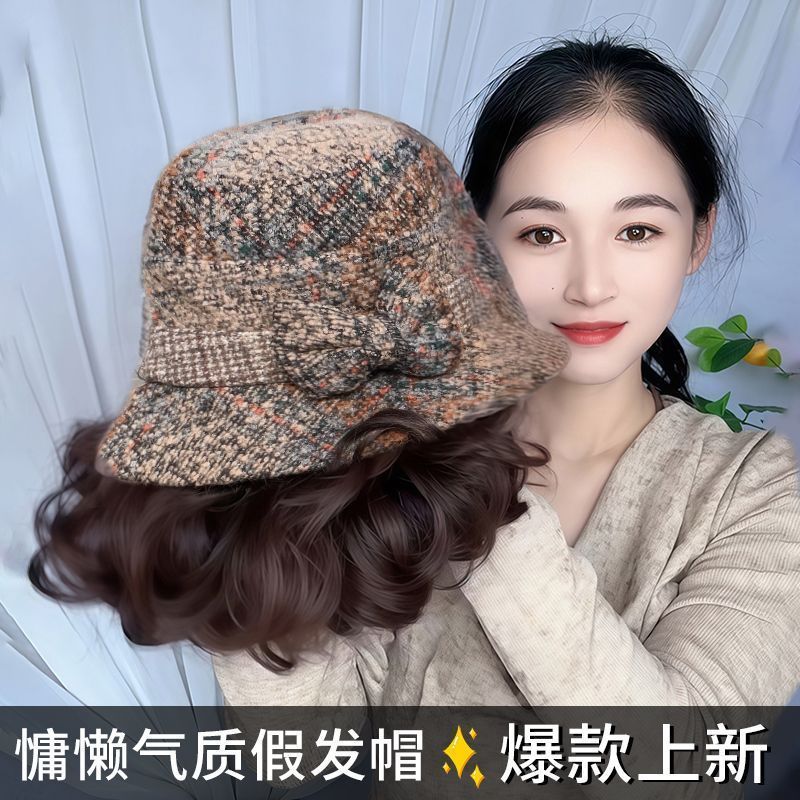 帽子假发一体秋冬渔夫帽新款