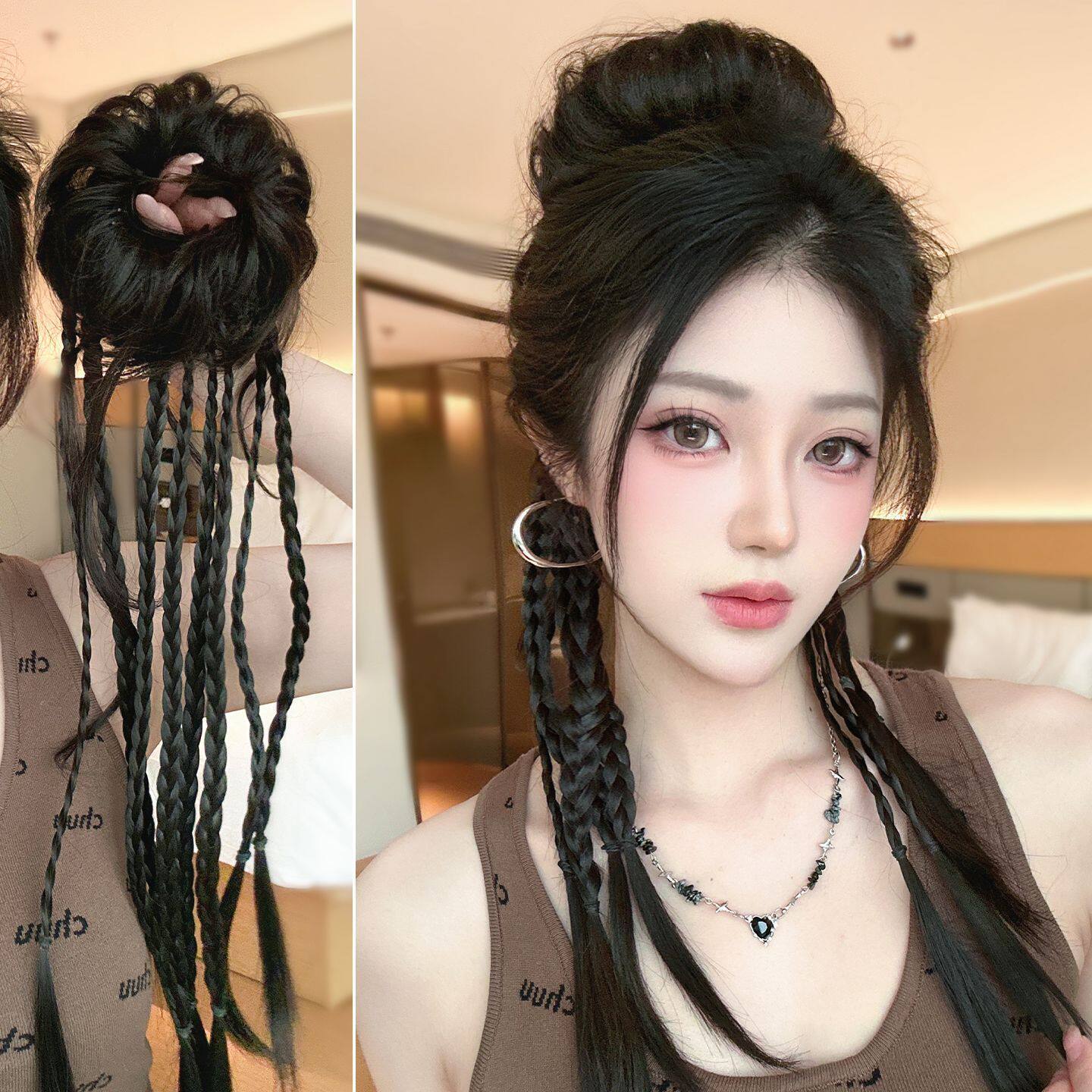 假发辫子女新中式花苞龙须丸子头自然半扎双麻花拳击辫假发高马尾