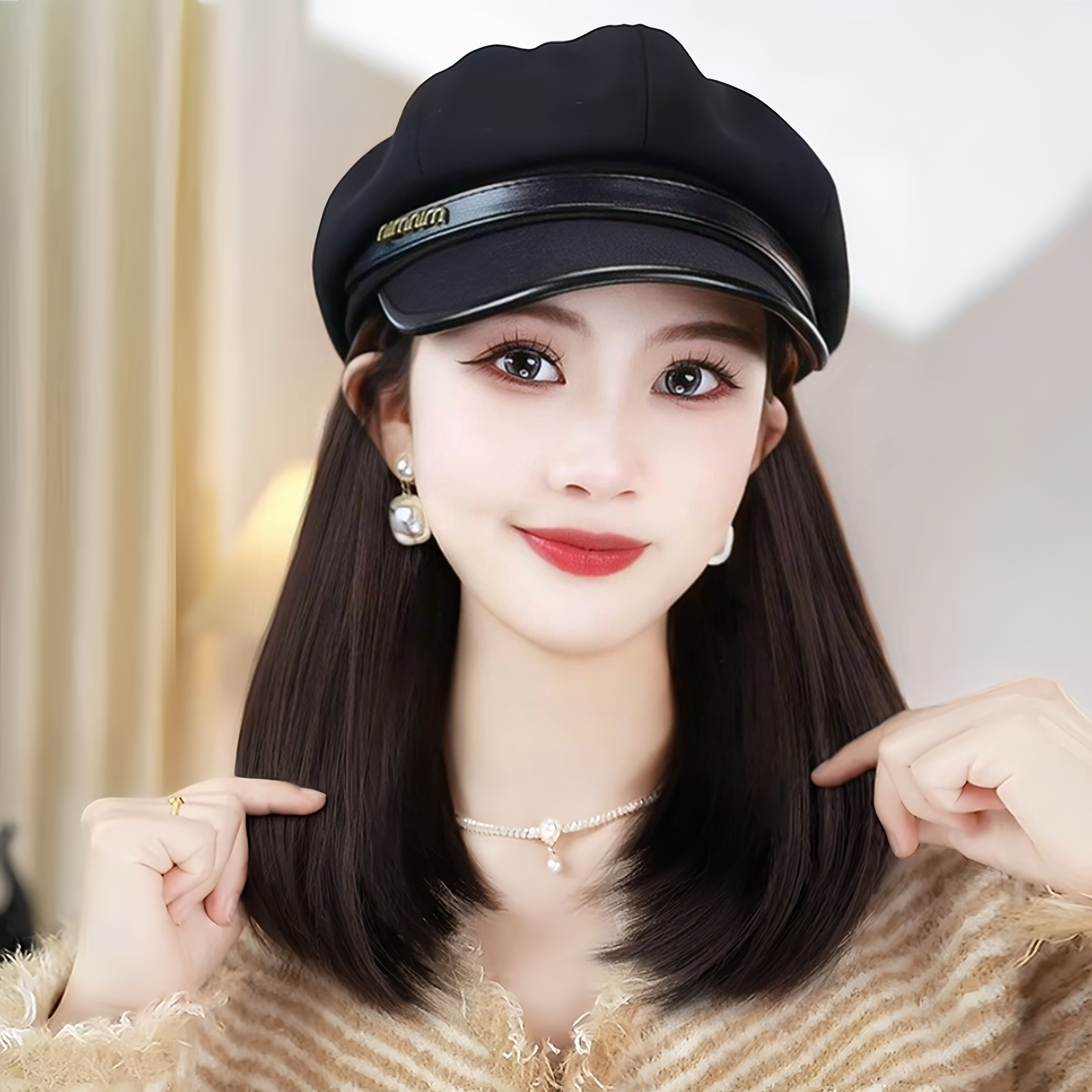 贝雷八角假发帽子一体女时尚秋冬