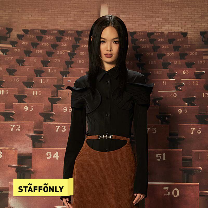 STAFFONLY 肩甲衬衫黑白色解构修身女士设计款个性衬衣秋冬新品