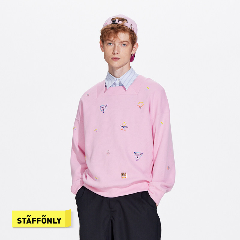STAFFONLY 拖延症 粉色方领珠绣针织卫衣宽松时尚简约百搭