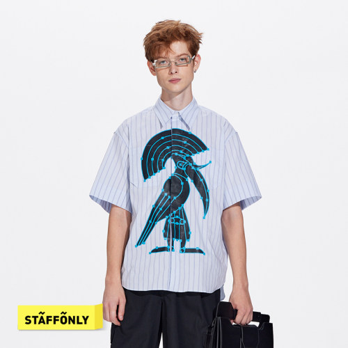STAFFONLY 拖延症 浅蓝条纹AI锚点印花衬衫宽松休闲设计感流行