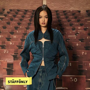 STAFFONLY 十字拉链盔甲夹克设计风个性女款牛仔外套25秋冬新品