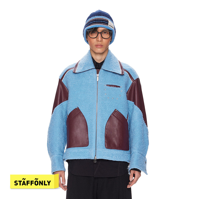 STAFFONLY 星轨旅人 绵羊毛拼皮夹棉外套直身落肩宽松剪裁夹克