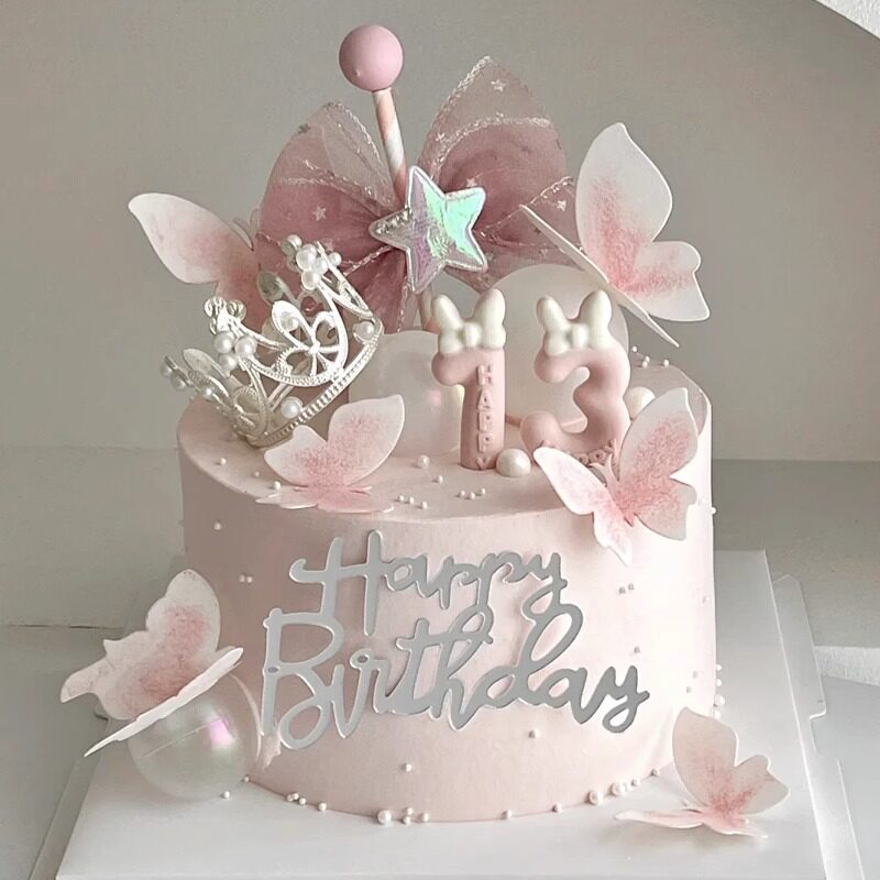 网红女神生日蛋糕装饰网纱蝴蝶结插件粉色蝴蝶皇冠仙女甜品台装扮