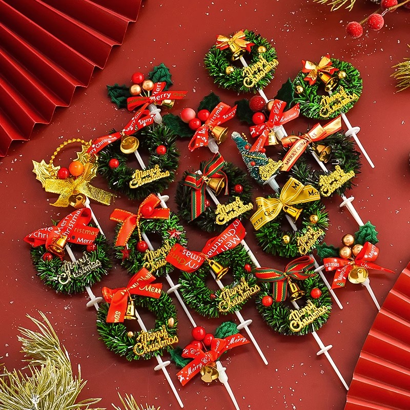 2025圣诞节草圈叶子蛋糕装饰圣诞树礼包铃铛老人小鹿烘焙插件配件