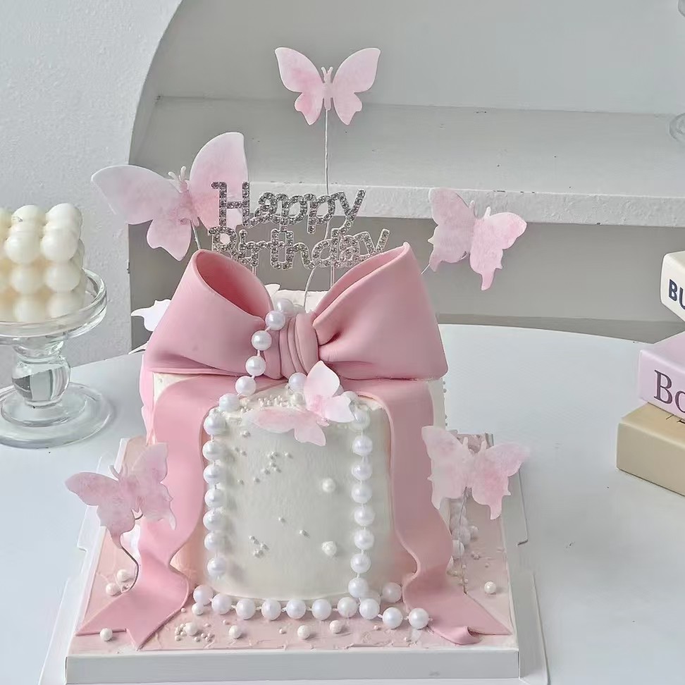 女神蝴蝶结蛋糕装饰网红蝴蝶鲜花唯美烘焙摆件银色烛台珍珠链插件