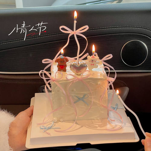 214情人节ins蛋糕装饰线条小狗爱心love蜡烛插件蝴蝶结丝带装扮