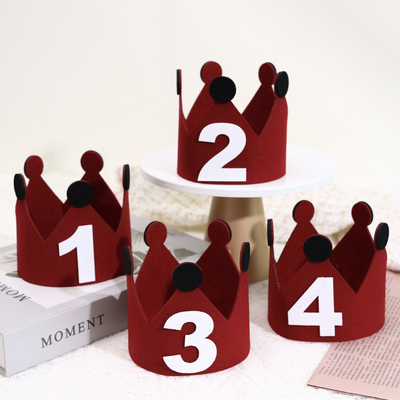 红色数字皇冠生日帽毛毡帽儿童男女孩周岁派对氛围拍照道具装饰品