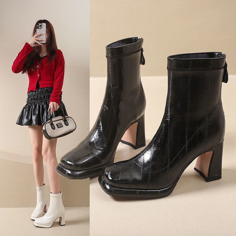 2025秋冬季女士百搭时尚方头气质短靴新款法式瘦瘦复古短筒马丁靴