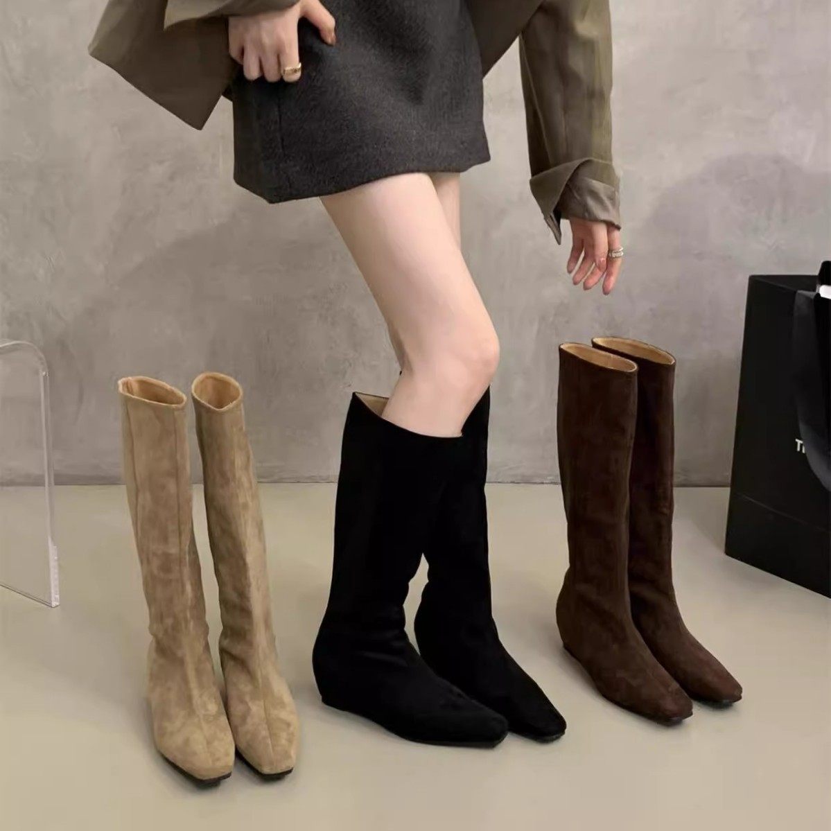 2026内增高尖头绒面高筒靴秋冬季新款韩版复古时髦小众显瘦长筒靴,女鞋,骑士靴,淘宝优惠券,粉丝福利购,淘宝优惠卷