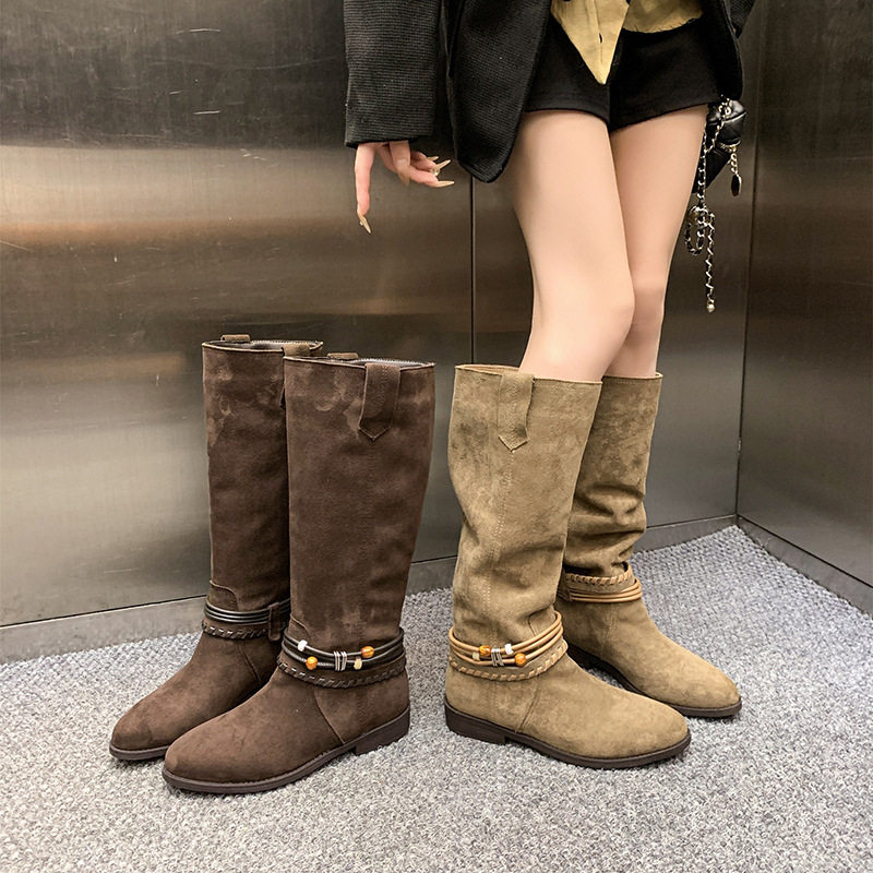 2026牛皮版~幂幂同款粗跟西部牛仔靴女复古显瘦长筒堆堆靴高筒骑,女鞋,时尚雪地靴,淘宝优惠券,粉丝福利购,淘宝优惠卷