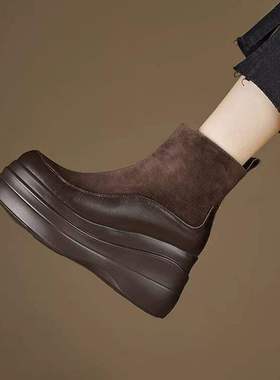 202624新款秋冬季高跟坡跟女短靴小个子厚底马丁靴软底圆头瘦瘦靴