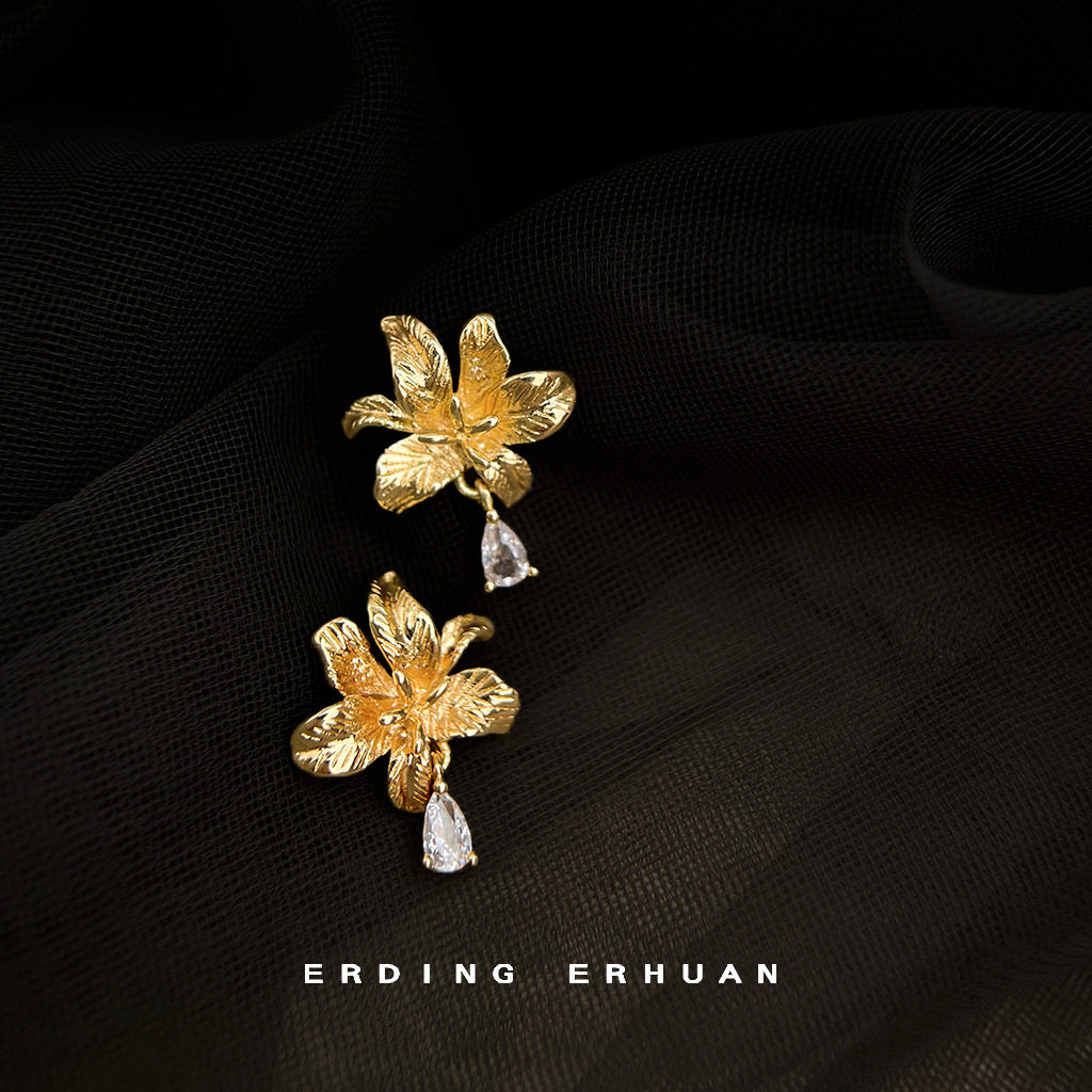 中古vintage百合露珠花朵S925银针耳钉镀14K保色气质优雅新款耳饰