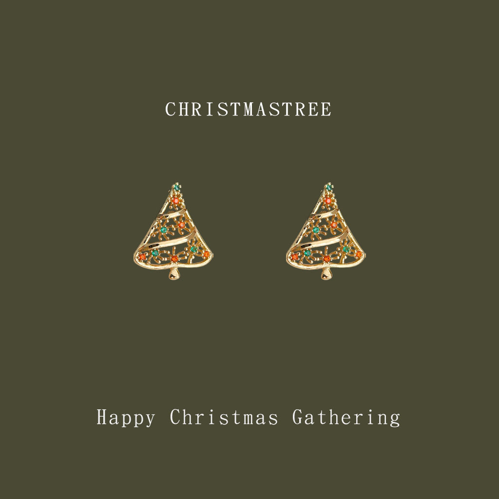 圣诞节微镶锆石镂空红绿配色圣诞树耳饰节日氛围感高级感耳钉饰品