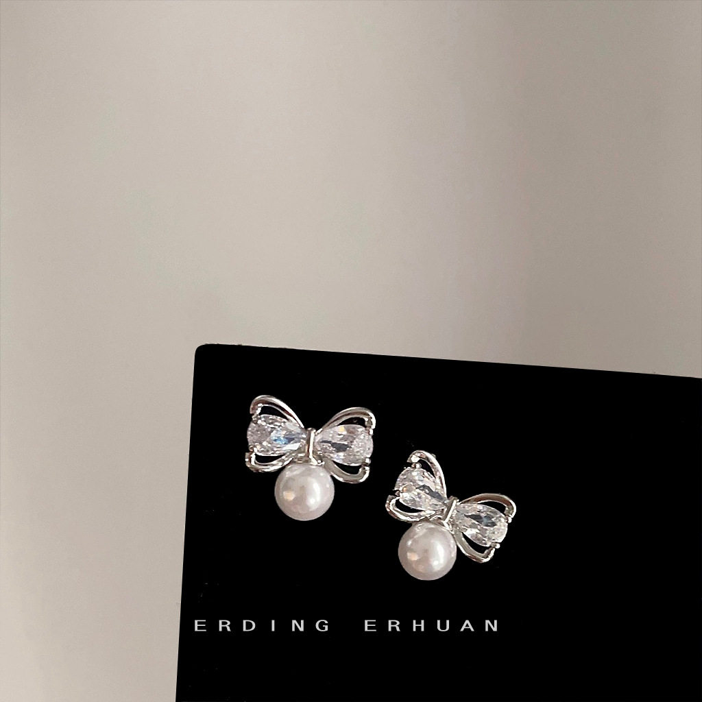 微镶锆石蝴蝶结925银针耳钉！甜美清新耳饰工厂义乌饰品耳环批发