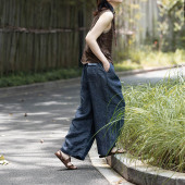 系带牛仔裤 撞色松紧腰 色织亚麻 封面是花