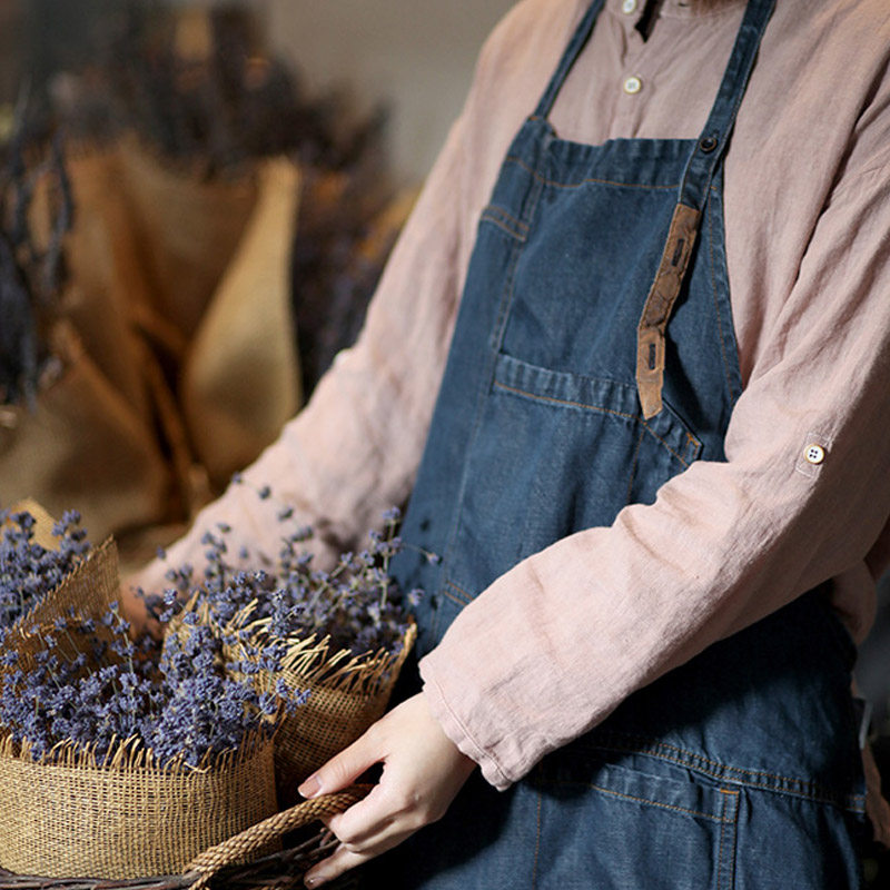封面是花亚麻棉牛仔怀旧拼色围裙
