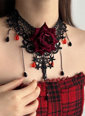 暗黑哥特风蕾丝玫瑰花朵choker颈带脖子配饰项链女颈链饰品高级感