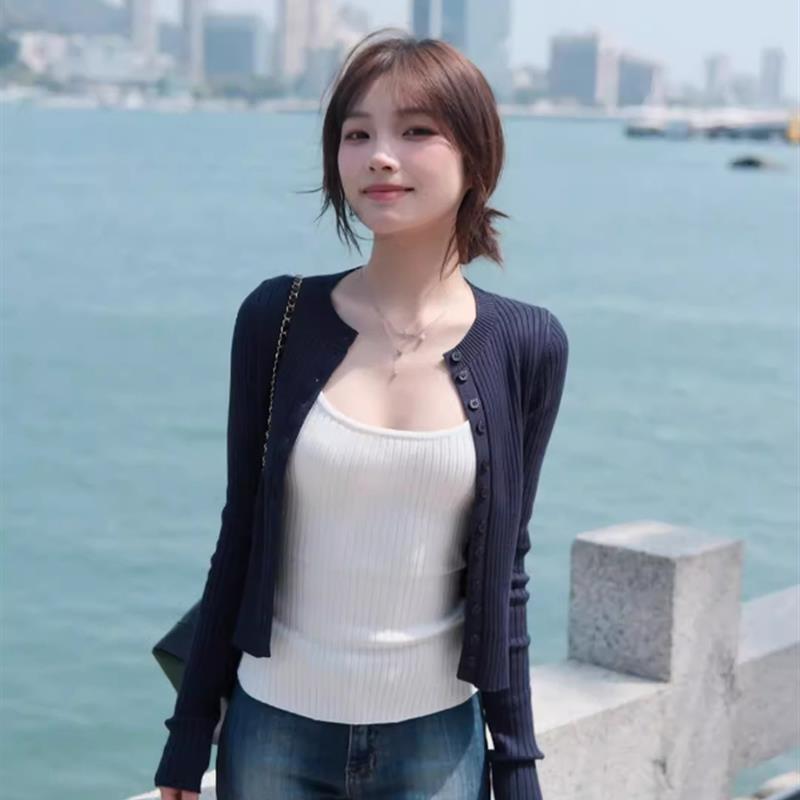 早秋懒散风格海军蓝针织开衫吊带两件套2025新短上衣毛衣夹克