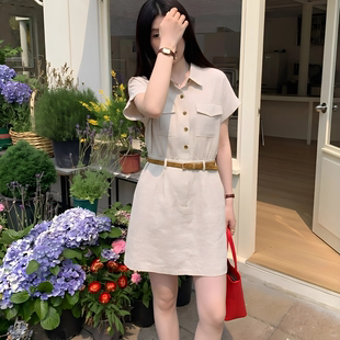  韩系通勤白色短袖衬衫连衣裙女夏季收腰腰带口袋小个子棉麻短裙