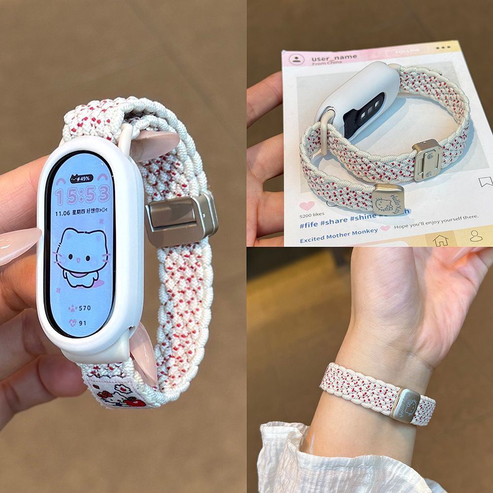 适用小米手环10/9/8一体表带邮票小猫编织陶瓷版通用磁吸快拆表带