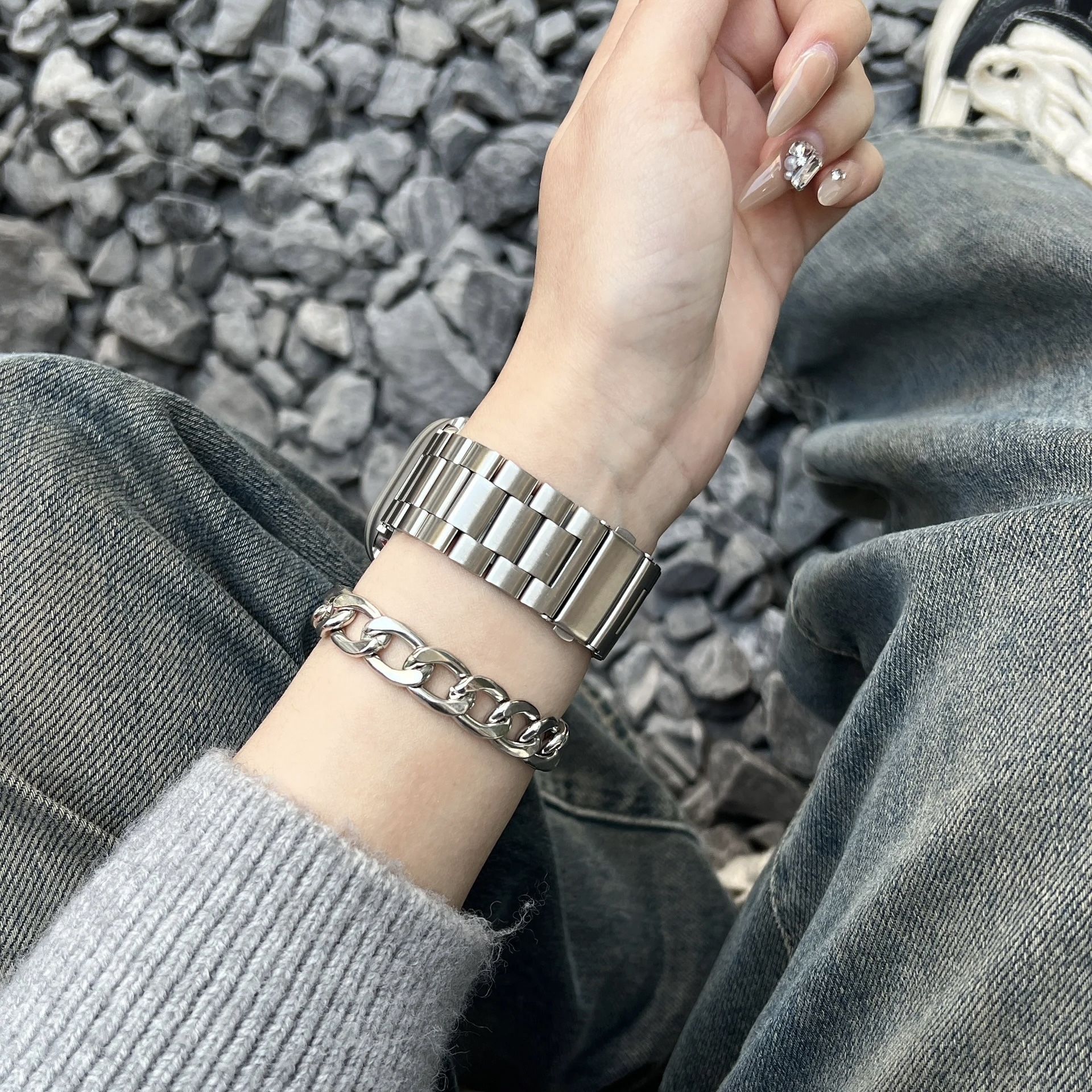 适用荣耀手表X5金属表带Honor Watch X5不锈钢三珠手表带配连接器