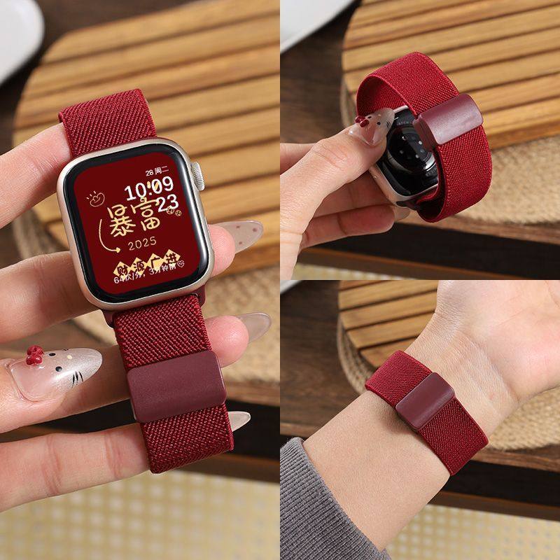 适用applewatchS11苹果S10新款平纹编织SE磁吸扣表带S9iwatchS876