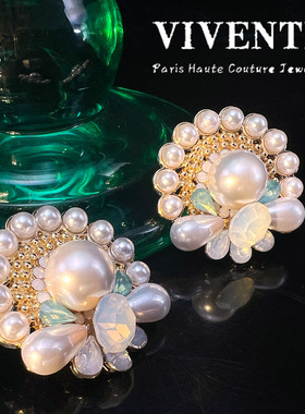 原创法式秀场打标耳钉巴洛克珍珠vintageS925奢华高级新中式耳环