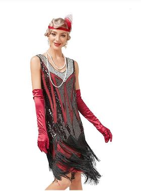 欧美复古1920S复古V领流苏裙盖茨比服装拉丁舞舞会亮片钉珠连衣裙