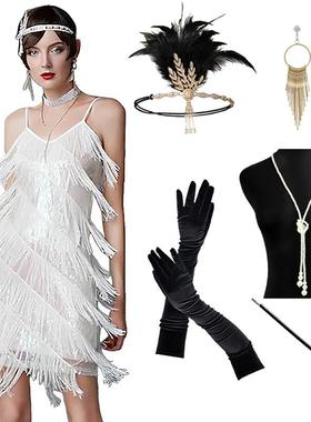 1920S盖茨比大码礼服订珠流苏V领吊带晚礼服复古亮片连衣裙拉丁舞