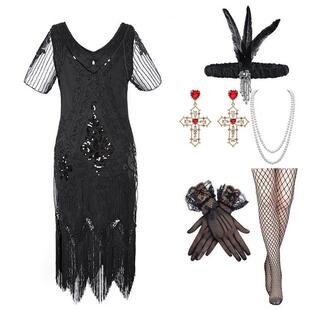 亚马逊1920S盖茨比套装 流苏连衣裙晚会年会宴会聚会长裙外贸