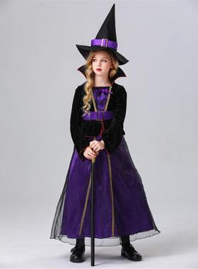 外贸儿童万圣节紫色欧美风格女巫角色装扮舞台表演出化妆舞会服装