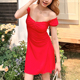 LilyRose野玫瑰 红色复古一字肩连衣裙显瘦a字抹胸裙 露肩短上衣