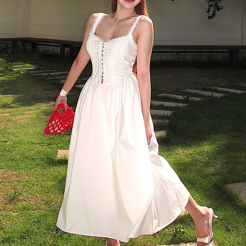 法式收腰长裙镂空绑带连衣裙