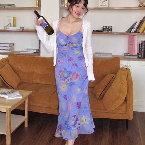 LilyRose野玫瑰 紫色碎花吊带连衣裙夏季度假风修身长裙法式气质