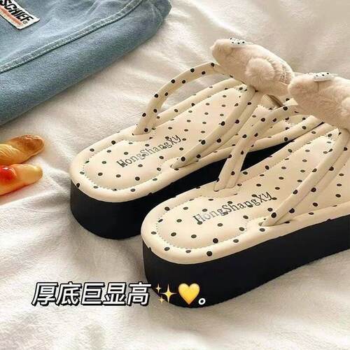 奶油kt猫~!4cm厚底增高人字拖女生夏季海边防滑透气ins夹趾凉拖鞋