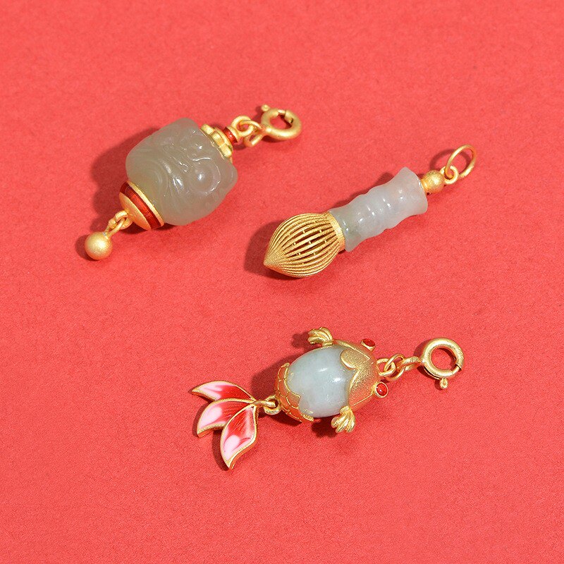 925纯银金色翡翠鲤鱼文昌笔小滴溜流苏项链手串小挂饰diy文配件